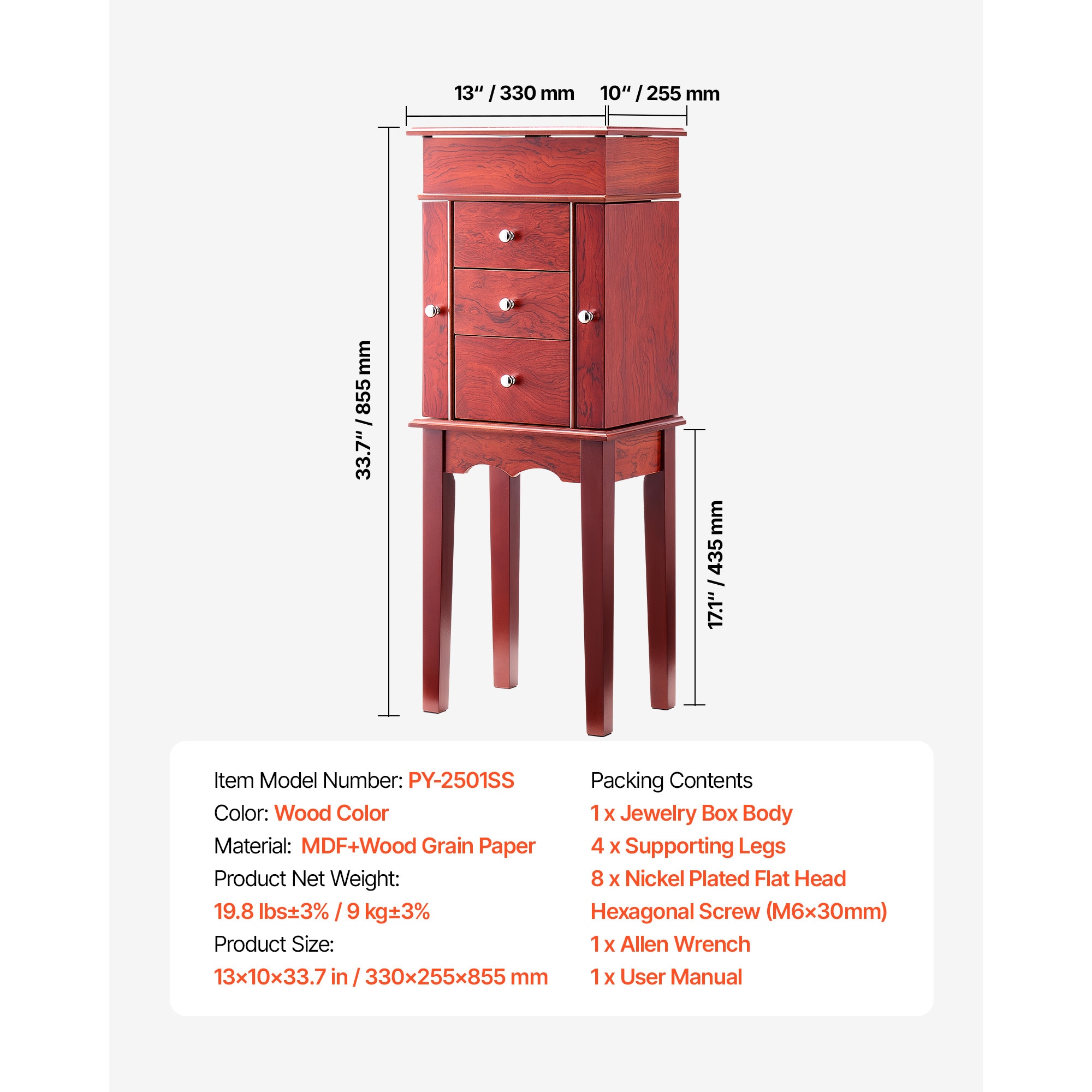 Jewelry Cabinet Armoire Standing Jewelry Storage Chest With 3 Drawers & Mirror_maomaolike.com